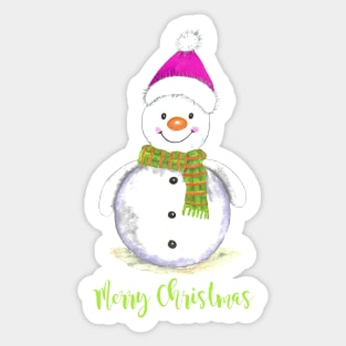 Merry christmas snowman with green scarf and pink hat Sticker